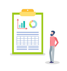Man looking at statistics and info on board vector, clipboard with information in visual representation, infochart and pie diagram colored isolated