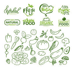 Vegetables and organic food logotypes vector, pepper and pumpkin, aubergine and avocado, banana and radish, cabbage with leaves sketches logo set, food stikers for vegetarian menu