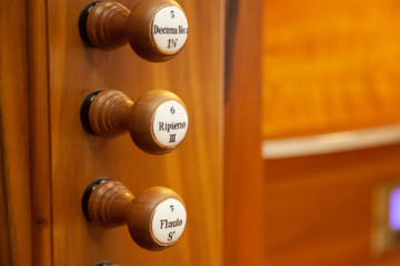 Fototapeta premium Pipe organ timbres closeup.Used to change sounds.