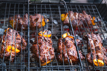 Meat on grill. BBQ. Grilled Pork Meat over the Coals on a Barbecue. Picnic Party.
