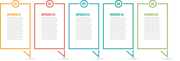 Thin line flat infographic label element for business process step with 5 options. Vector line design with square.