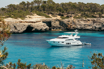 First plane of a yatch in Cala Mondrago view from the sea, Mondrago Natural Park, Majorca.
