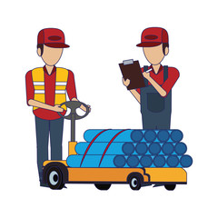 Warehouse workers with merchandise blue lines