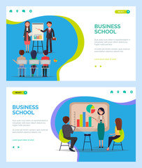 Business school vector, people on seminar with coaches, presenters with whiteboard and infocharts, visual data on board to explain students. Website or webpage template, landing page flat style