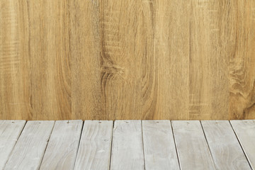 Empty top wooden table and wood wall