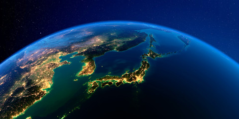 Detailed Earth at night. Part of Asia, Japan and Korea, Japanese sea - obrazy, fototapety, plakaty