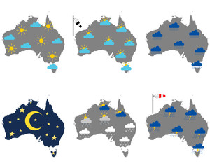 Karten von Australien mit verschiedenen Wettersymbolen