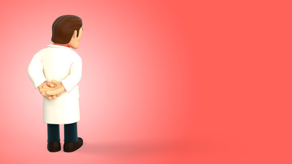 Cartoon 3d doctor dressed in white coat having his back turned and looking down on a red gradient background 3d rendering