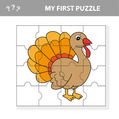 Cartoon Illustration of Educational Jigsaw Puzzle Activity Game for Children with Funny Turkey Farm Animal Character