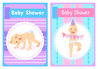 Smiling baby in holiday cone hat, birthday card. Tumbling funny newborn in diaper, colorful festive postcard decorated by portrait view of kids vector