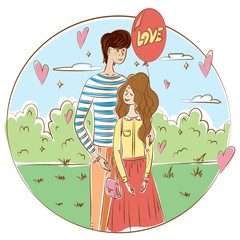 Graphic illustration on the theme of love and relationships. A loving couple is standing in the park, a girl with a balloon and a young guy. Illustration for t-shirts, trenches or covers.