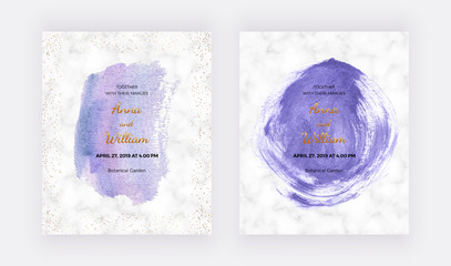 Wedding invitation with purple brush stroke watercolor texture with golden confetti. Modern hand painting template for banner, flyer, poster, save the date, greeting.