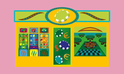 Online Big slots casino marketing banner, tap to play button. Mobile phone with screenshot of slots logo with flying coins, explosion bright flash, colored ads. Now on your mobile device. Vector