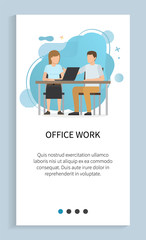 Office work vector, people busy with working tasks and analysis of stats given on laptop, brainstorming man woman sitting in office, application. Website slider app template, landing page flat style