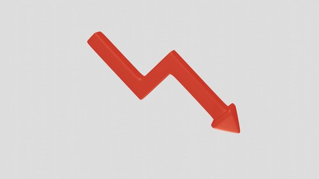 Rotating red downward arrow as a symbol of failure on white background. 3D Rendering.