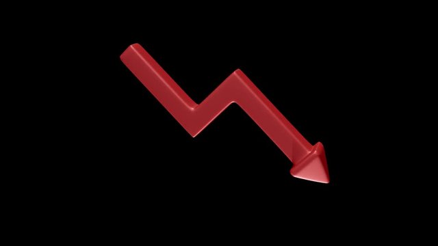 Rotating red downward arrow as a symbol of failure on black background. 3D Rendering.