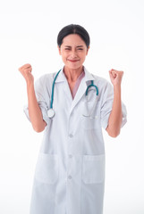 Fototapeta premium Asia female Doctor with stethoscope are excited isolated on white. Metaphor to medical, healthcare, doctor, clinical, checkup, hospital concept.