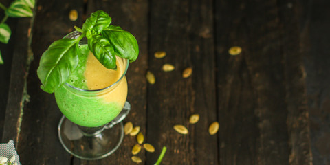 Smoothies, banana, avocado, chia seeds and more are healthy food concept. food background. top view