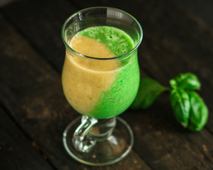 Smoothies, banana, avocado, chia seeds and more are healthy food concept. food background. top view