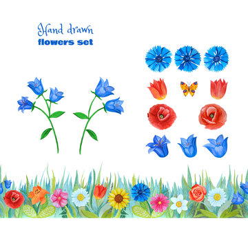 Set of blue and red flowers. Poppies, tulips, blue bells, cornflowers. Seamless floral border of different flowers.