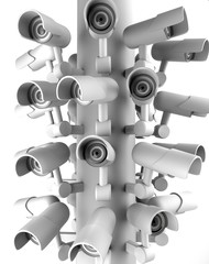 Many security cameras on the city pillar, big brother watching you. Surveillance CCTV camera. 3D rendering