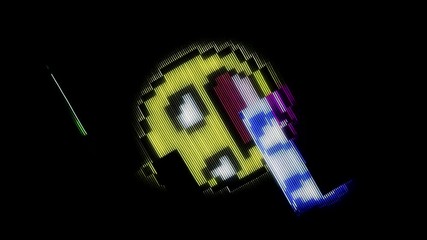 Abstract rotating smile, holographic symbol on digital old tv screen with glitch effect, seamless loop. Animation. Yellow spinning loughing emoji face, glitch or noise interference.
