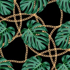 Fototapete Blumenelement und Juwelen Nahtloses Muster mit Goldkette und Monsterablättern. Trendige Vektor-Illustration.