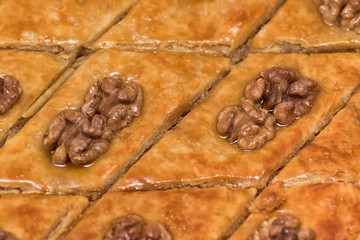 Turkish baklava with walnuts. Close-up. Traditional Oriental Dessert