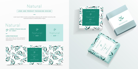 Natural logo and packaging design template. Natural soap package mockup created by vector. Watercolor green leaf pattern for branding and corporate identity design. - obrazy, fototapety, plakaty