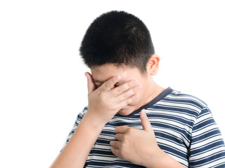 Asian preteen boy has eye pain on white background.