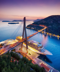 Dubrovnik, Croatia. Aerial view at the cruise ship during sunset. Adventure and travel.  Landscape...