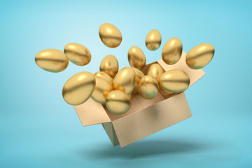 3d rendering of cardboard box full of golden eggs in mid-air on light-blue background.