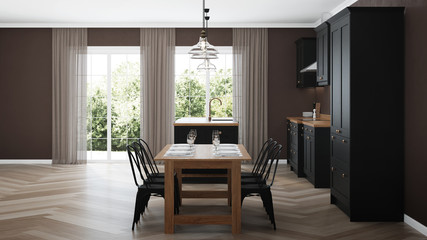 Modern house interior. Interior with black kitchen. 3D rendering.