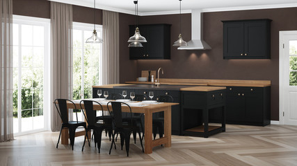 Modern house interior. Interior with black kitchen. 3D rendering.