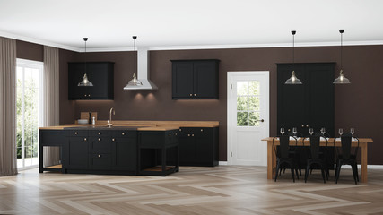 Modern house interior. Interior with black kitchen. 3D rendering.
