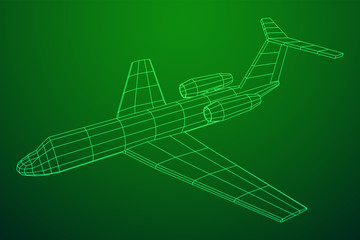 Private Jet Plane Abstract polygonal wireframe business luxury twin engine airplane. Travel aircraft, tourism and vacation concept. Wireframe low poly mesh vector illustration