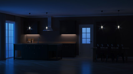 Modern house interior. Interior with black kitchen. Night. Evening lighting. 3D rendering.