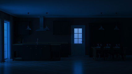 Modern house interior. Interior with black kitchen. Night. Evening lighting. 3D rendering.