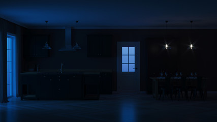 Modern house interior. Interior with black kitchen. Night. Evening lighting. 3D rendering.