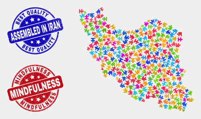 Bundle Iran map and blue Assembled seal, and Mindfulness scratched stamp. Colored vector Iran map mosaic of bundle units. Red round Mindfulness seal.