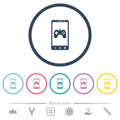 Mobile gaming flat color icons in round outlines