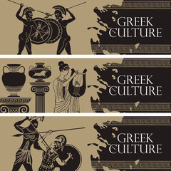Set of three vector travel banners on the theme of Greek culture in retro style. Illustrations with Greek Legionnaires and ancient amphorae. Ancient Greece. - obrazy, fototapety, plakaty