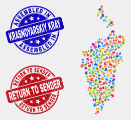 Bundle Krasnoyarskiy Kray map and blue Assembled seal, and Return to Sender grunge seal stamp. Colored vector Krasnoyarskiy Kray map mosaic of puzzle units. Red round Return to Sender stamp.