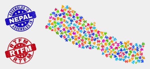 Module Nepal map and blue Assembled stamp, and Rtfm grunge seal stamp. Bright vector Nepal map mosaic of bundle components. Red rounded Rtfm stamp.