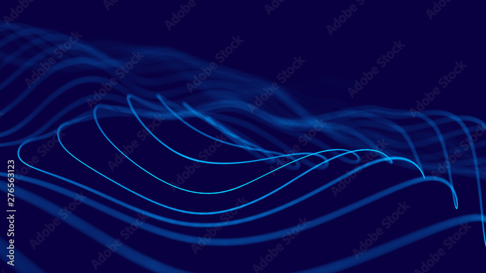 Fototapete Wave 3d. 3D blue glowing abstract background. Abstract background with a dynamic wave. Big data visualization. 3d rendering.