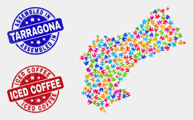 Component Tarragona Province map and blue Assembled seal stamp, and Iced Coffee scratched seal. Bright vector Tarragona Province map mosaic of plug-in bricks. Red rounded Iced Coffee stamp.