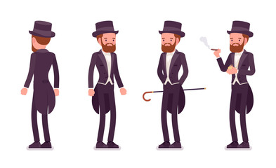 Gentleman in black tuxedo jacket with tails standing. High social rank man, fashionable dandy in classic suit and cylinder hat. Vector flat style cartoon illustration, white background, different view