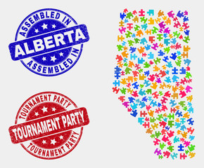 Bundle Alberta Province map and blue Assembled stamp, and Tournament Party distress stamp. Colorful vector Alberta Province map mosaic of bundle bricks. Red round Tournament Party seal.