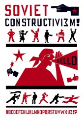 Icon and font set in style russian soviet constructivism. Workers people in different poses and emotions.
