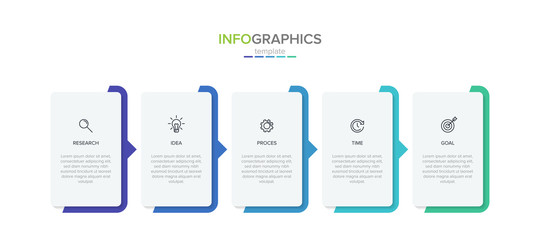 Concept of arrow business model with 5 successive steps. Five colorful rectangular elements. Timeline design for brochure, presentation. Infographic design layout.
